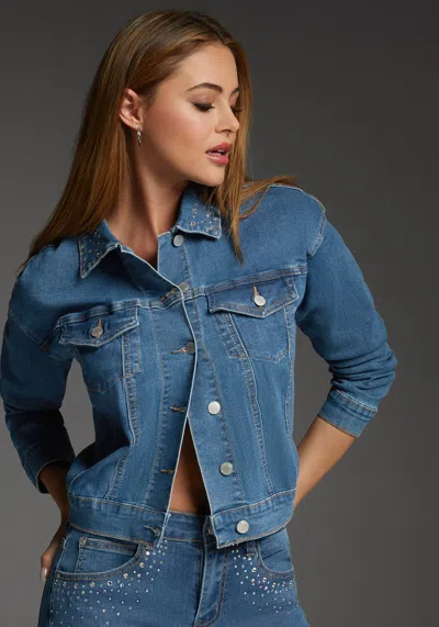 Bebe Denim Jacket Embellished With Crystals By Swarovski In Medium Blue Wash