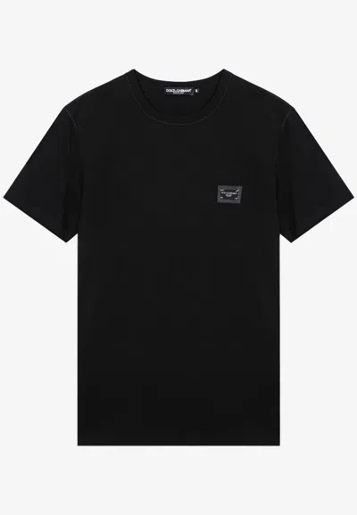 Dolce & Gabbana Black T-shirt With Logo Tag Detail On The Front In Cotton Man In Black