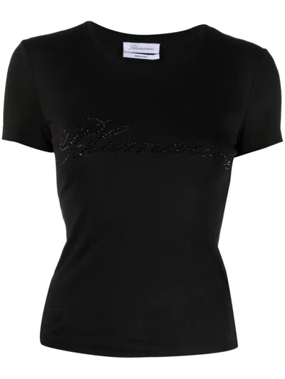 Blumarine Tulle T-shirt With Rhinestone Logo In Black
