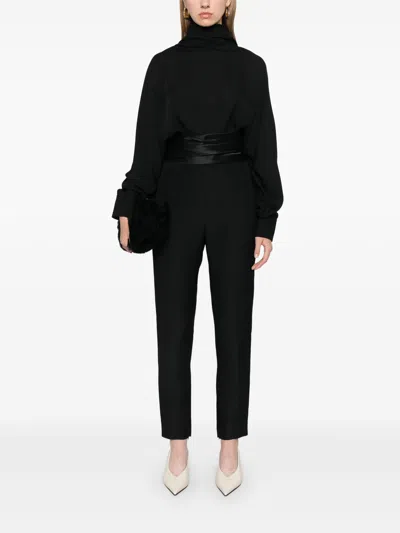 Khaite Lenro Pleated Satin-trimmed Grain De Poudre Straight-leg Pants