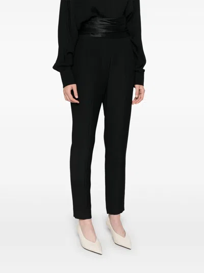 Khaite Lenro Pleated Satin-trimmed Grain De Poudre Straight-leg Pants