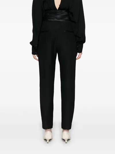 Khaite Lenro Pleated Satin-trimmed Grain De Poudre Straight-leg Pants