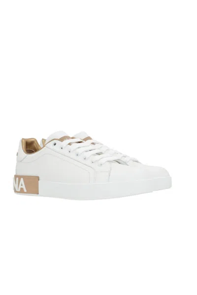 Dolce & Gabbana Portofino White And Gold Low Top Sneakers With Logo In Leather Woman In Gold Powder