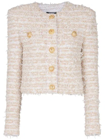 Balmain White Crewneck Cardigan With Jewel Buttons In Brown