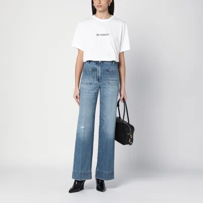 Victoria Beckham White Crewneck T-shirt With Slogan Print On The Front In Cotton Woman