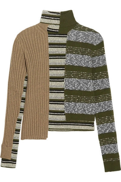 Maison Margiela Striped Ribbed Wool-blend Turtleneck Sweater In Tonal-green