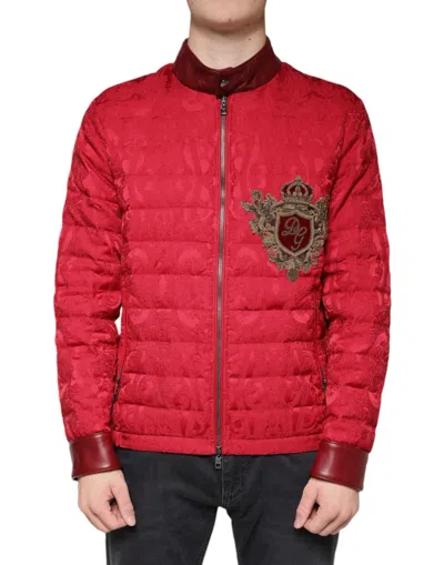 Dolce & Gabbana Red Brocade Bomber Gold Crown Logo Coat Jacket