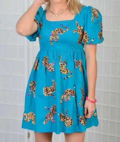 Queen Of Sparkles Leapin' Leopards Babydoll Dress In Teal In Blue