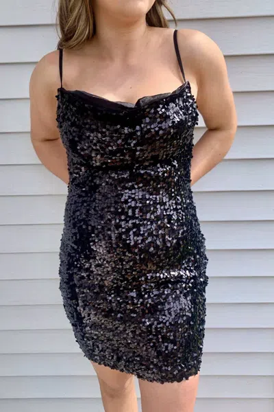 Alythea Black Sequin Cowl Neck Mini Dres In Black