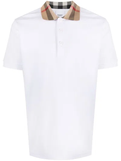 Burberry Check-collar White Polo Shirt With Three-button Placket In White