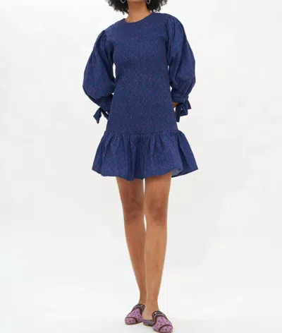 Oliphant Morocco Smocked Tie Midi Dress In Navy And Pink In Multi