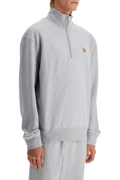 Maison Kitsuné Gray Fox Head Patch Half Zip Sweatshirt In Grey