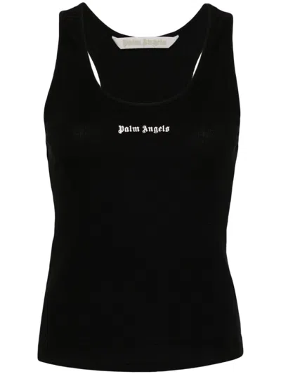 Palm Angels Logo Embroidered Ribbed Tank Top In Black
