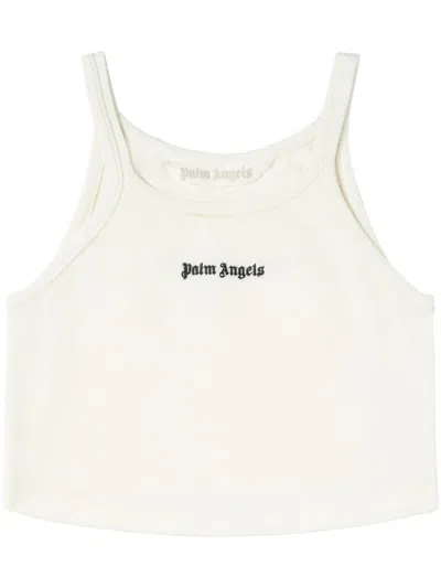 Palm Angels White Cropped Tank Top With Embroidered Logo In Cotton Woman In White