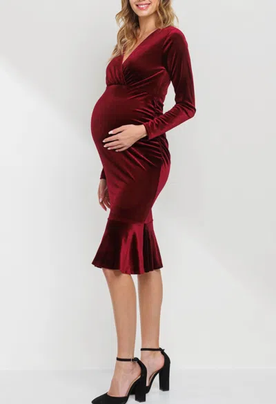 Hello Miz Velvet V-neck Mermaid Hem Maternity Dress In Burgandy In Multi