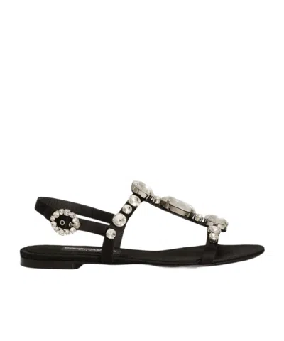 Dolce & Gabbana Women Black Sandals With Embroidered Stones Decorations In Satin Woman In Black