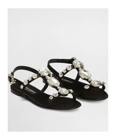 Dolce & Gabbana Women Black Sandals With Embroidered Stones Decorations In Satin Woman In Black