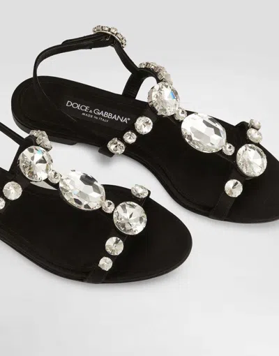 Dolce & Gabbana Women Black Sandals With Embroidered Stones Decorations In Satin Woman In Black