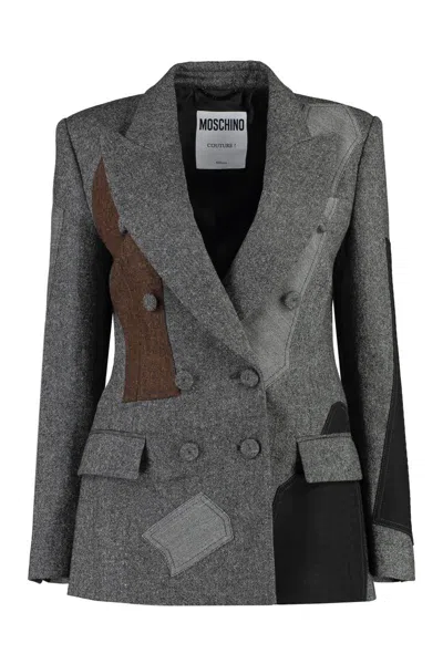 Moschino Patchwork Double-breasted Blazer In Grey