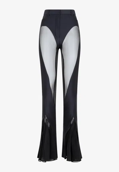 Mugler Flared Sheer Pants With Tulle Ruffles In Black