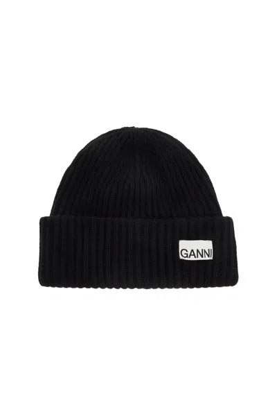 Ganni Oversize Ribbed Beanie In Black