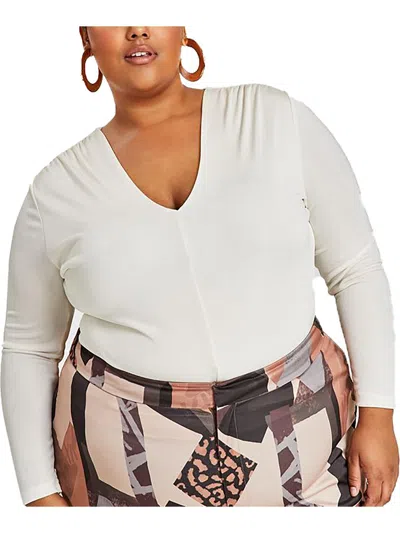 Nina Parker Trendy Plus Size V-neck Long-sleeve Top In White