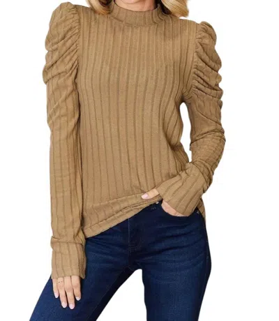 Basic Bae Ribbed Mock Neck Top With Puff Sleeves In Tan In Multi