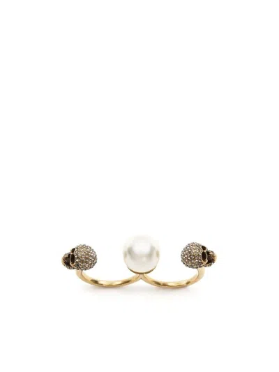 Alexander Mcqueen Gold-tone Double Ring With Crystal Embellished Skulls And Pearl In Brass