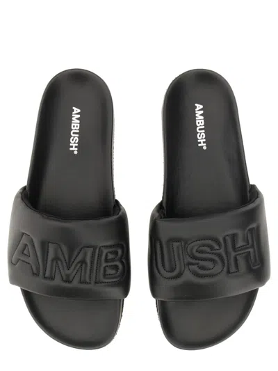 Ambush Quilted Lettering Logo Sliders Man Sandals Black Size 9 Calfskin