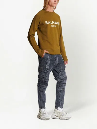 Balmain Men's Khaki And White Graphic Print Sweatshirt For Ss23