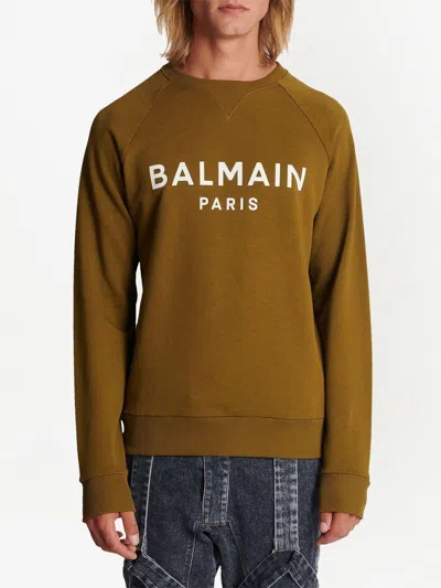 Balmain Men's Khaki And White Graphic Print Sweatshirt For Ss23