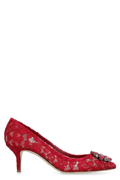 Dolce & Gabbana Bellucci 60 Brooch Embellished Lace Pumps In Red