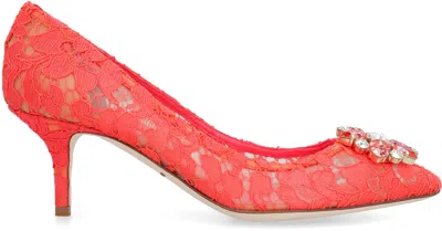 Dolce & Gabbana Bellucci 60 Brooch Embellished Lace Pumps In Red