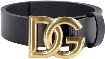 Dolce & Gabbana Dolce&gabbana Black Belt With Rutenium Dg Plaque In Black