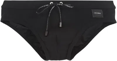 Dolce & Gabbana Black Swim Brief With Metallic Dg Logo In Stretch Polyamide Man
