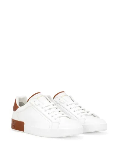Dolce & Gabbana White Calf Leather Portofino Sneakers In Red