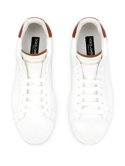 Dolce & Gabbana White Calf Leather Portofino Sneakers In Red
