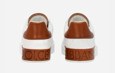 Dolce & Gabbana White Calf Leather Portofino Sneakers In Red
