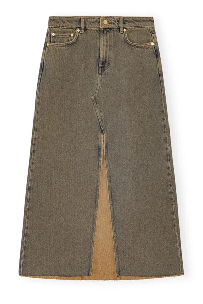Ganni Maxi Grey Skirts With Slit At The Front In Denim Woman
