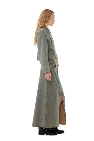Ganni Maxi Grey Skirts With Slit At The Front In Denim Woman