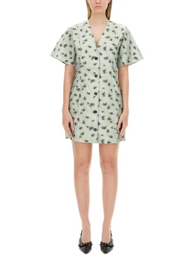 Ganni Grey Floral Printed Organza Jacquard Mini Dress