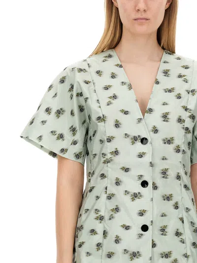 Ganni Grey Floral Printed Organza Jacquard Mini Dress