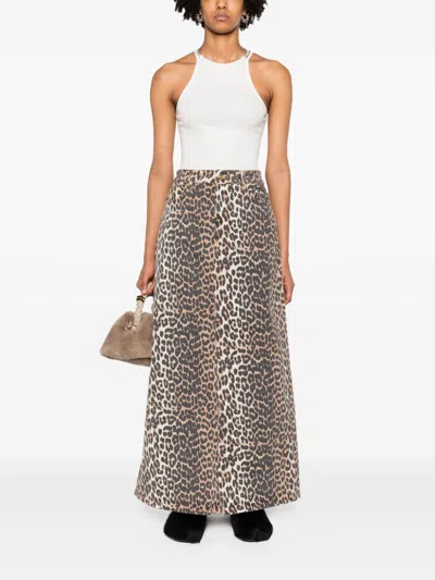 Ganni + Net Sustain Leopard-print Organic Denim Maxi Skirt