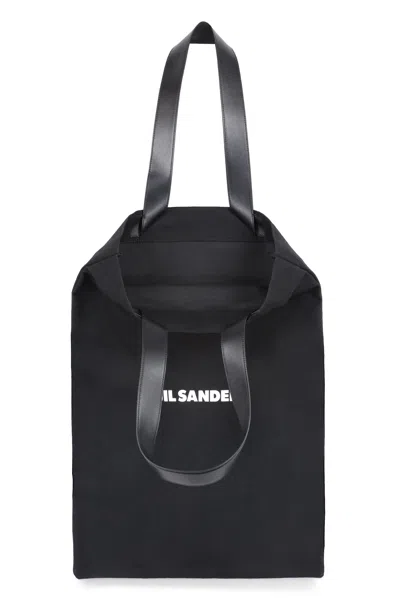 Jil Sander Black Tote Bag With Logo Print In Canvas Woman