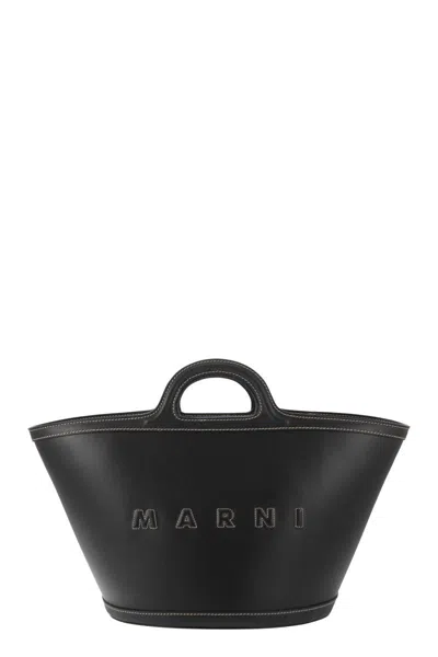 Marni Women Black Leather And Raffia Small Tropicalia Summer Handbag