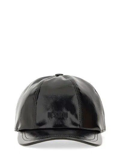 Msgm Curved Brim Glossy Finish Baseball Cap In Black