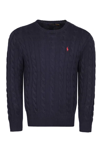 Polo Ralph Lauren Man Navy Blue Brided Cotton Sweater With Red Pony