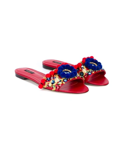 Dolce & Gabbana Pompom Embellished Leather Slides In Red