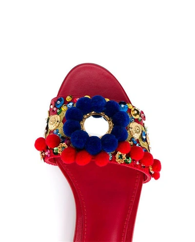 Shop Dolce & Gabbana Pompom Embellished Leather Slides