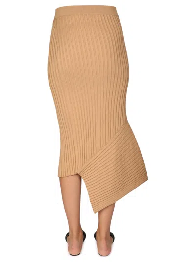 Stella Mccartney Asymmetric Ribbed-knit Midi Skirt In Tan Cotton